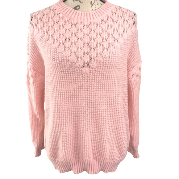 NEW Pointelle Knit Long Sleeve Crew Neck Semi-Sheer Sweater Pink Small - Picture 2 of 7